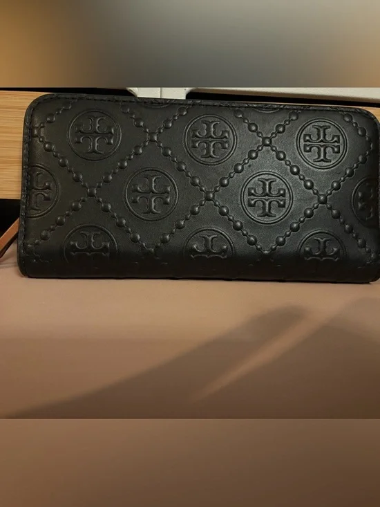 T Monogram Tonal Embossed Zip Slim Wallet, Black - Picture 1 of 4